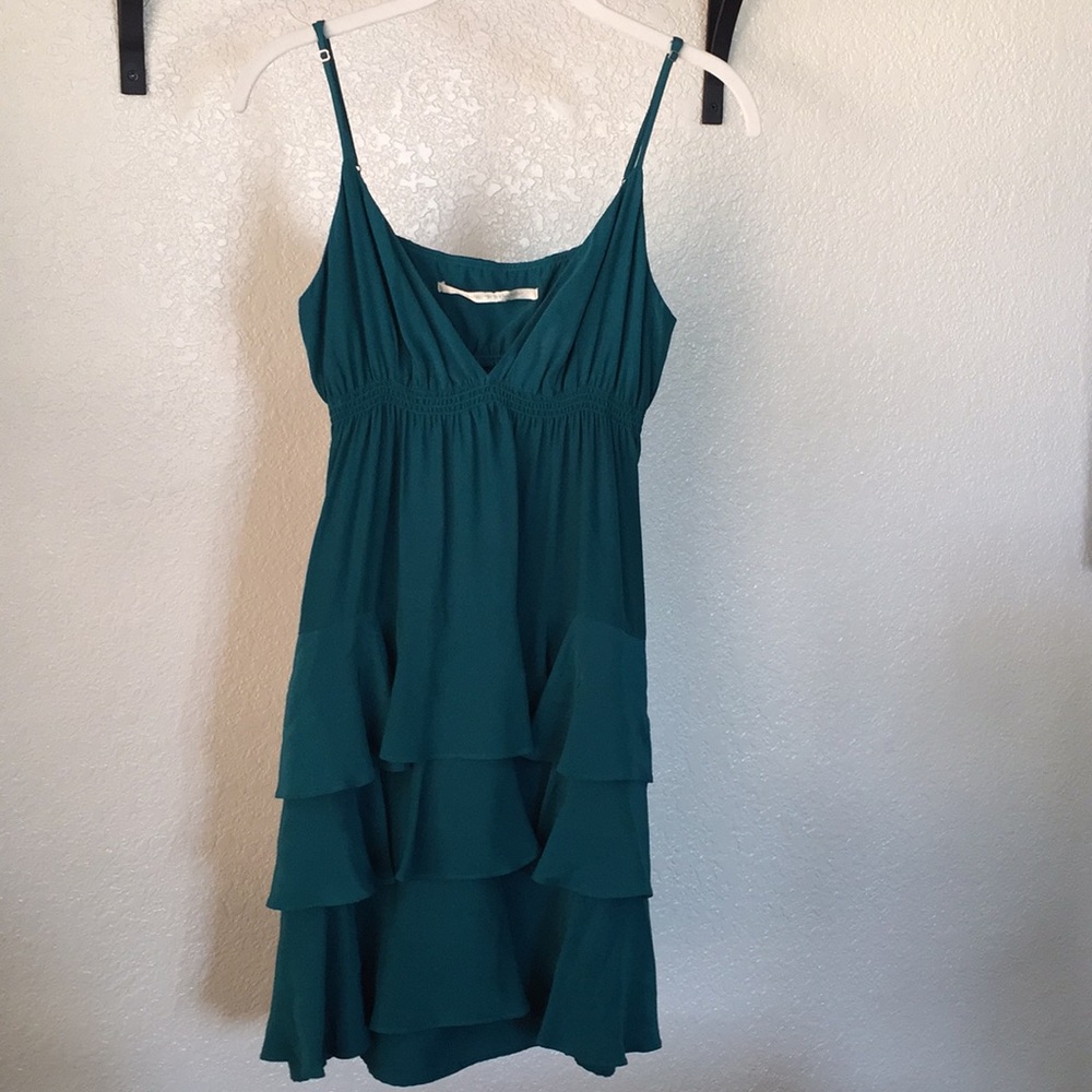 Cynthia Vincent Teal Ruffled Silk Dress